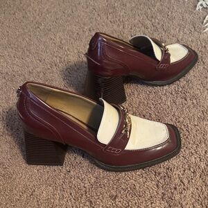 Sam Edelman Burgundy and Cream Block Heel Loafers